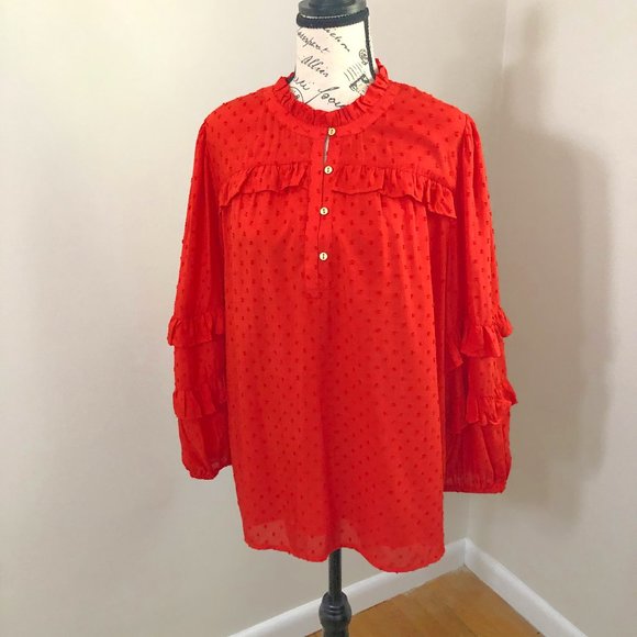 Loft Dot Textured Ruffled Long Sleeve Top Size L NWT. - Picture 1 of 16